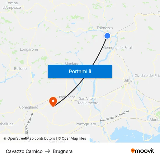 Cavazzo Carnico to Brugnera map