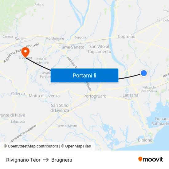 Rivignano Teor to Brugnera map