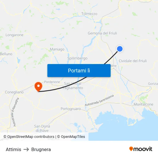 Attimis to Brugnera map