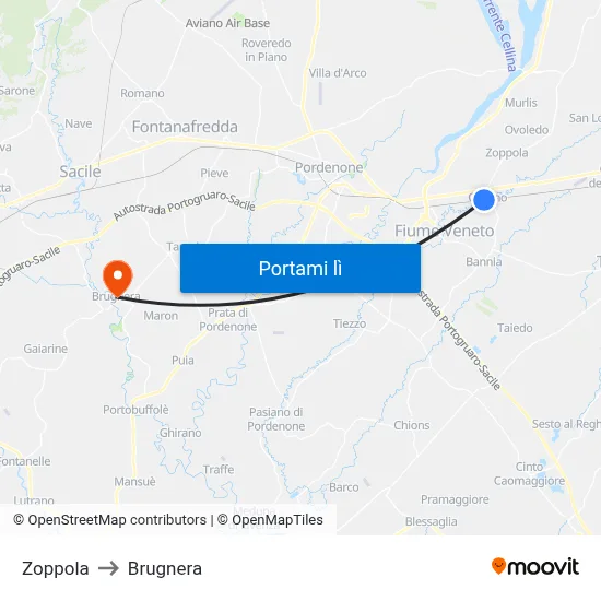 Zoppola to Brugnera map