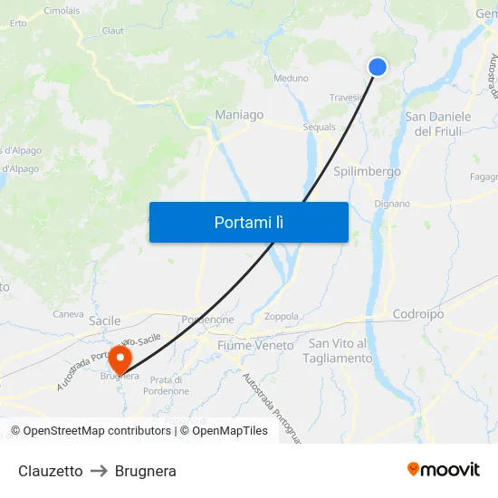 Clauzetto to Brugnera map