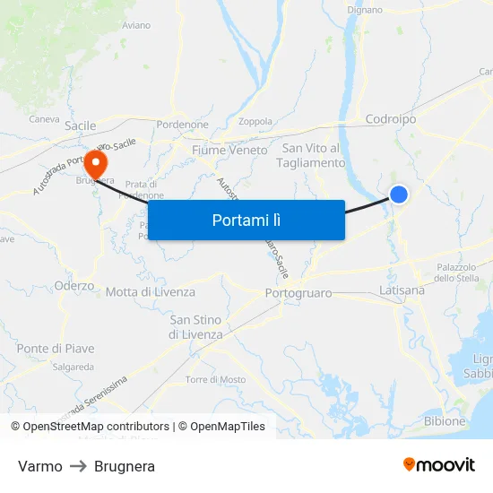 Varmo to Brugnera map