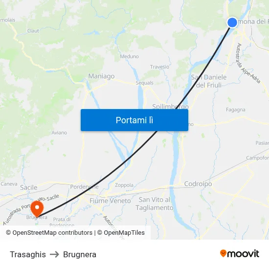 Trasaghis to Brugnera map