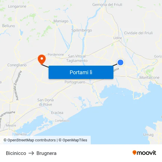 Bicinicco to Brugnera map