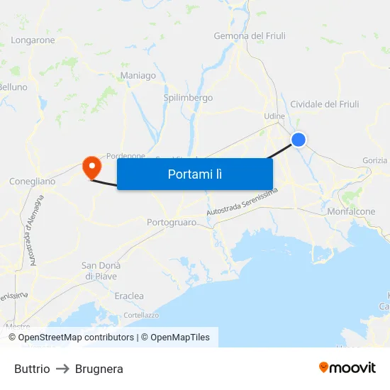 Buttrio to Brugnera map