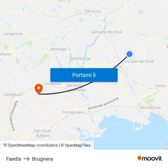 Faedis to Brugnera map