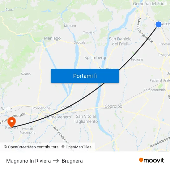 Magnano In Riviera to Brugnera map