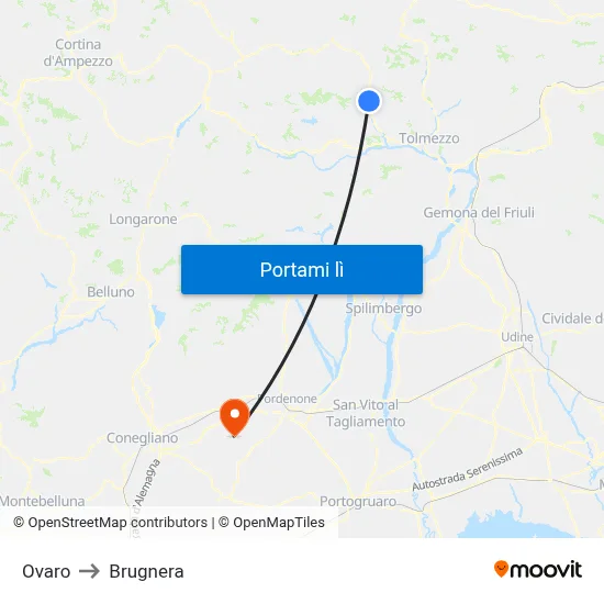 Ovaro to Brugnera map
