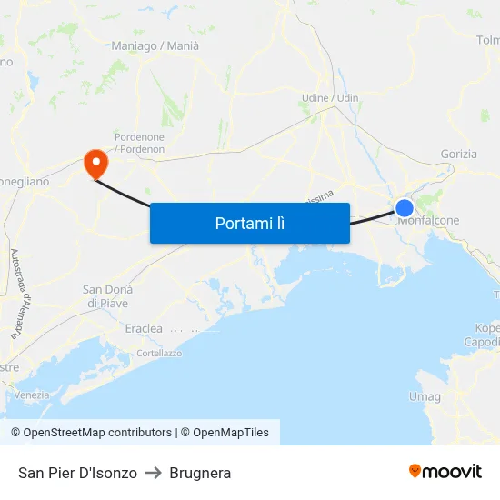 San Pier D'Isonzo to Brugnera map