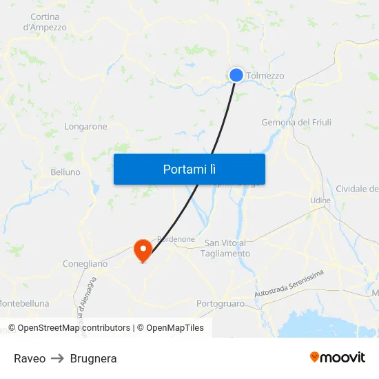 Raveo to Brugnera map