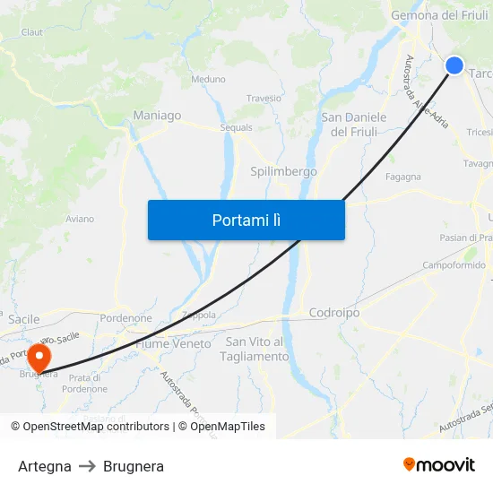 Artegna to Brugnera map