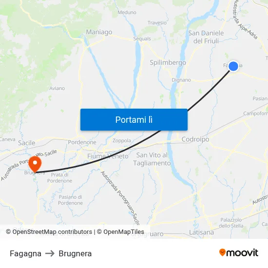 Fagagna to Brugnera map