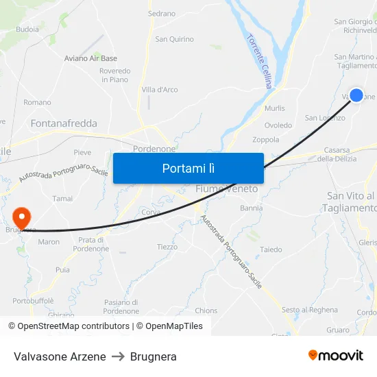 Valvasone Arzene to Brugnera map
