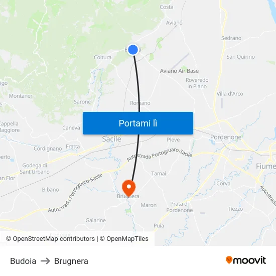 Budoia to Brugnera map