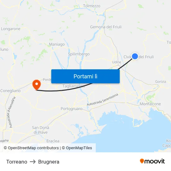 Torreano to Brugnera map
