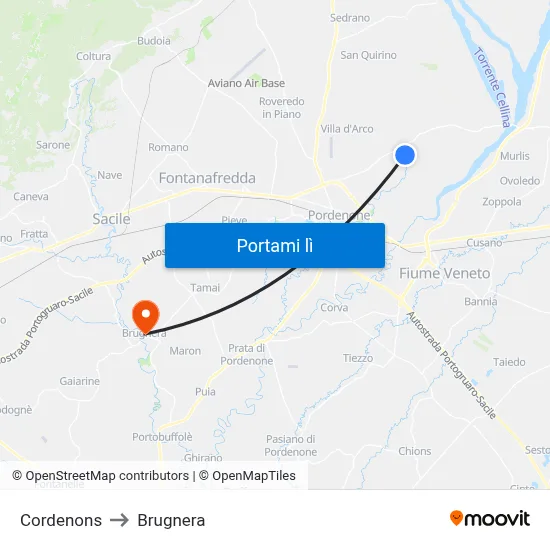 Cordenons to Brugnera map