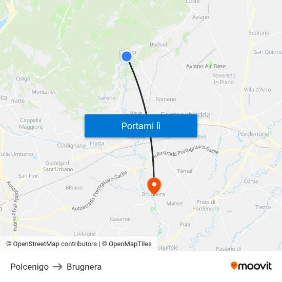 Polcenigo to Brugnera map