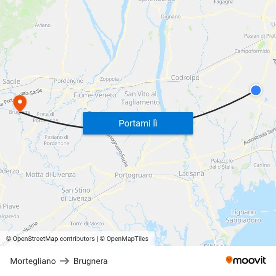 Mortegliano to Brugnera map