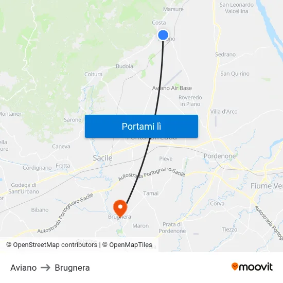 Aviano to Brugnera map