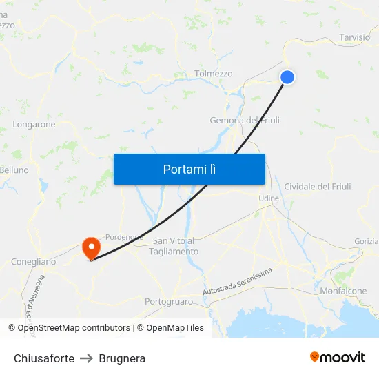 Chiusaforte to Brugnera map