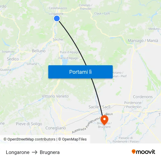 Longarone to Brugnera map