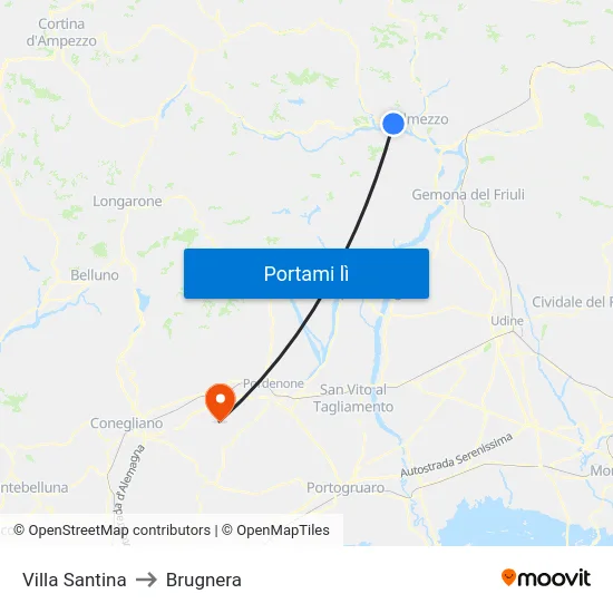 Villa Santina to Brugnera map