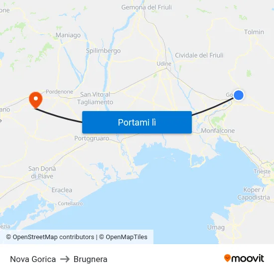 Nova Gorica to Brugnera map