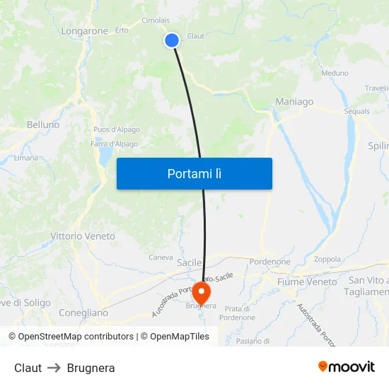 Claut to Brugnera map