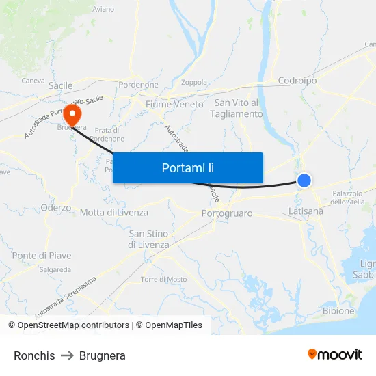 Ronchis to Brugnera map