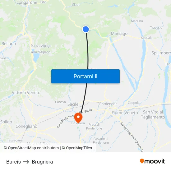 Barcis to Brugnera map