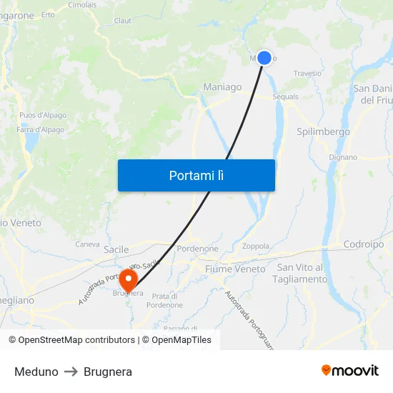 Meduno to Brugnera map