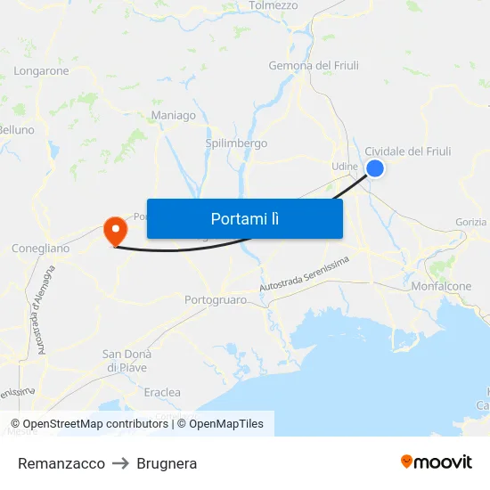 Remanzacco to Brugnera map