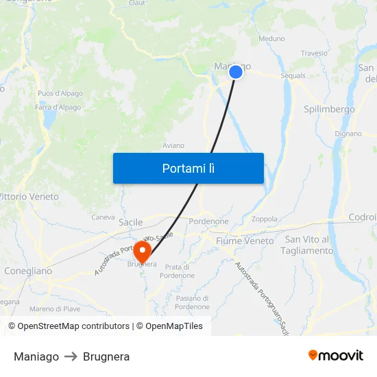 Maniago to Brugnera map