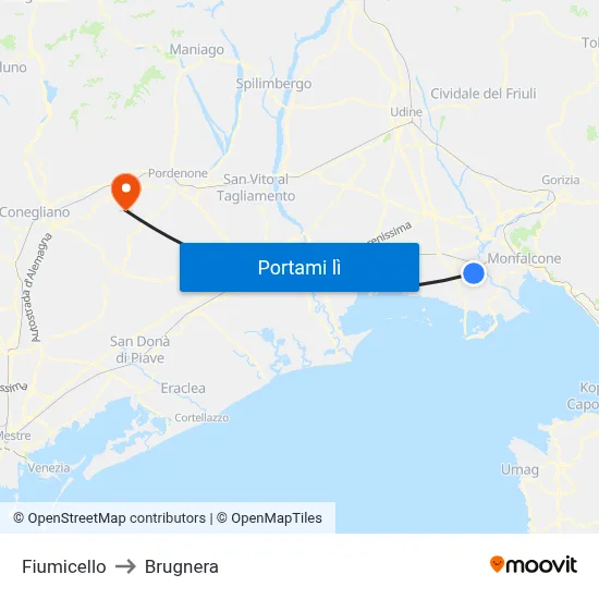 Fiumicello to Brugnera map