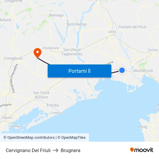 Cervignano Del Friuli to Brugnera map