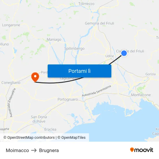 Moimacco to Brugnera map