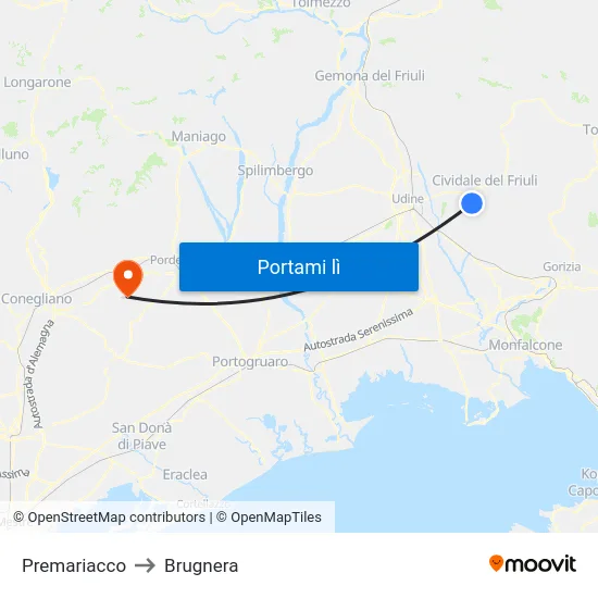 Premariacco to Brugnera map
