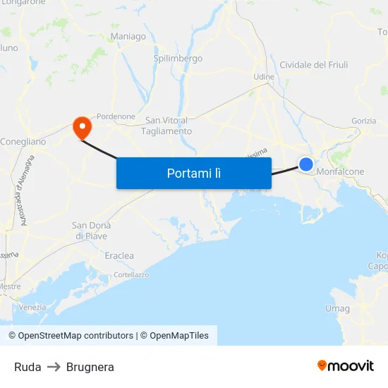 Ruda to Brugnera map