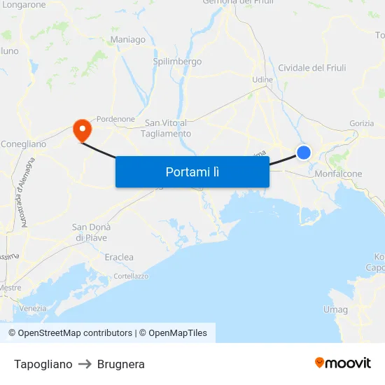 Tapogliano to Brugnera map