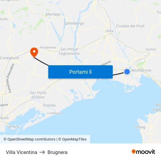 Villa Vicentina to Brugnera map