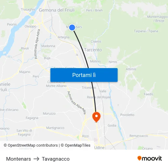 Montenars to Tavagnacco map
