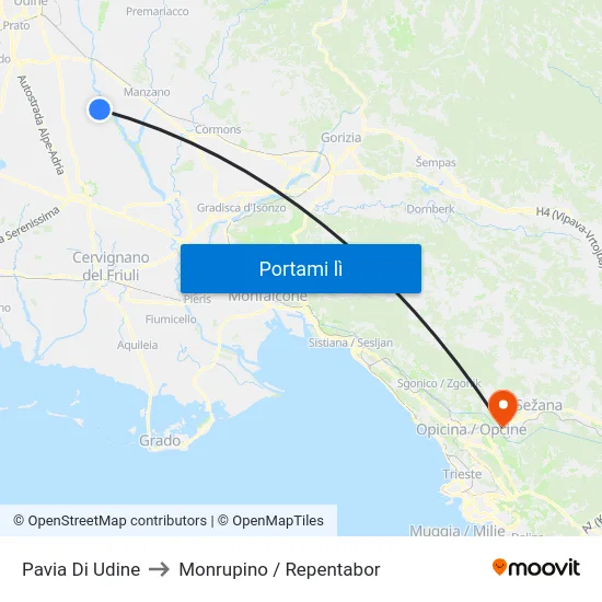 Pavia Di Udine to Monrupino / Repentabor map