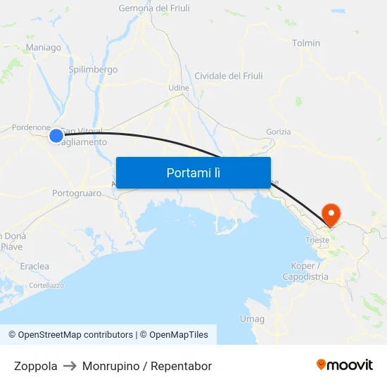 Zoppola to Monrupino / Repentabor map