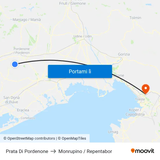 Prata Di Pordenone to Monrupino / Repentabor map