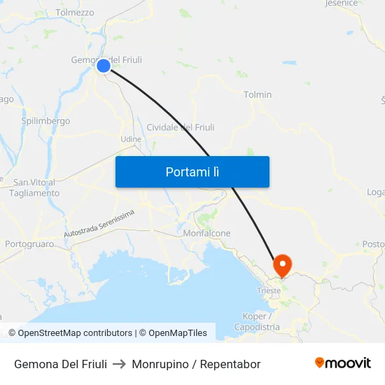 Gemona Del Friuli to Monrupino / Repentabor map