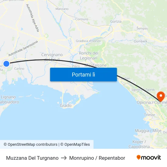 Muzzana Del Turgnano to Monrupino / Repentabor map