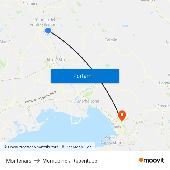 Montenars to Monrupino / Repentabor map