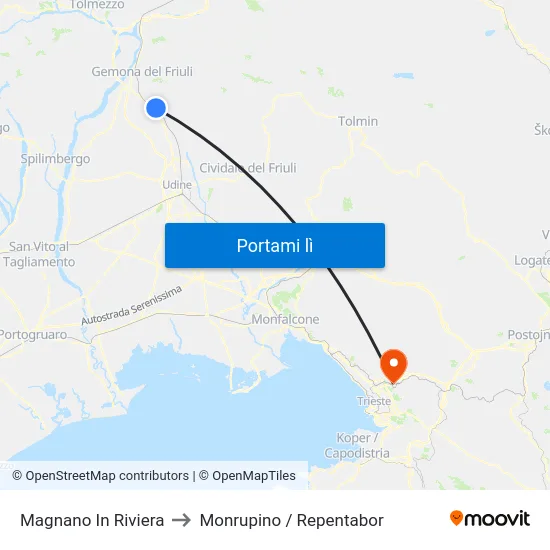 Magnano In Riviera to Monrupino / Repentabor map