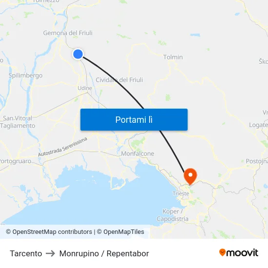 Tarcento to Monrupino / Repentabor map