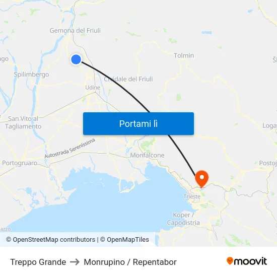 Treppo Grande to Monrupino / Repentabor map